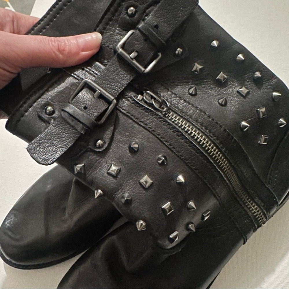 Geox Black Respira Virna Leather Plaid Lined Silver Spikes Moto Boots Sz 6 / 37 - Picture 11 of 15